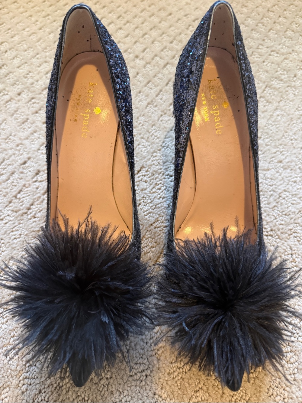 Kate Spade New York Black & Blue Glitter Pumps with Black Feather Pom-Pom, 6B